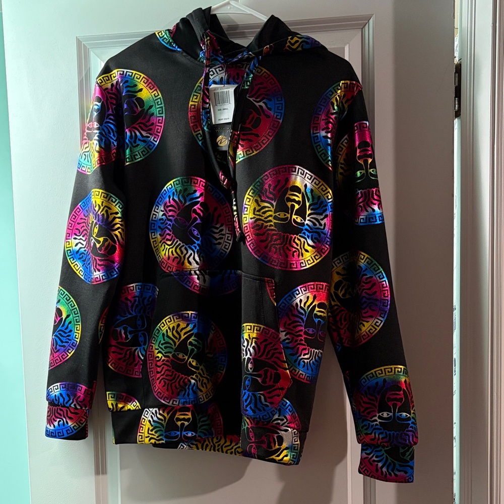 Monogram Mens Shiny Multicolor Black Hoodie with front pocket NWT